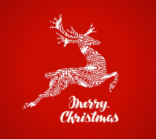 Frohe Weihnachten Grußkarte. tänzelnde Rentiere in dekorativem Stil bemalt. Vektorillustration — Stockvektor