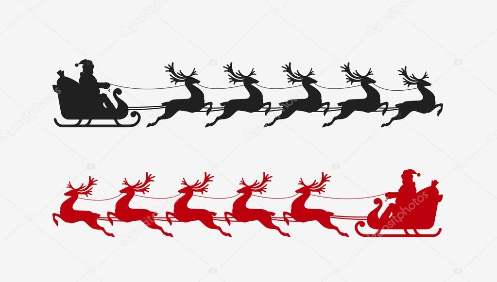 Santa sleigh reindeer silhouette. Christmas symbol