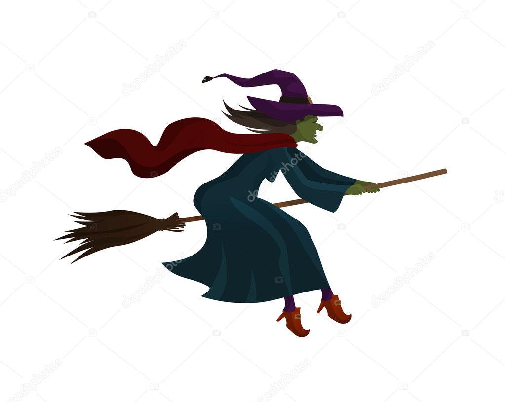 Halloween. Old witch flying on broom. Vector illustration