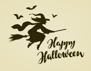 Mutlu Cadılar Bayramı tebrik kartı. Süpürge sopası üzerinde uçan cadı. Vintage vektör çizim