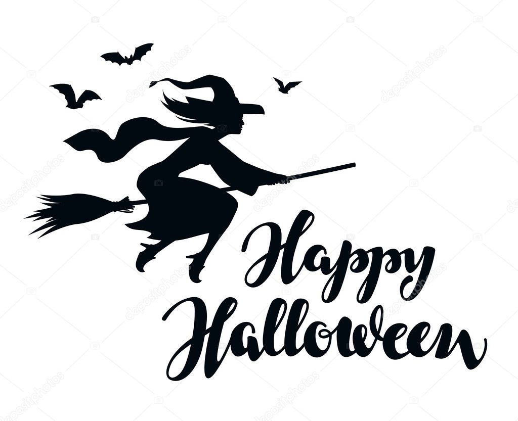 Happy Halloween. Silhouette young witch flying on broomstick