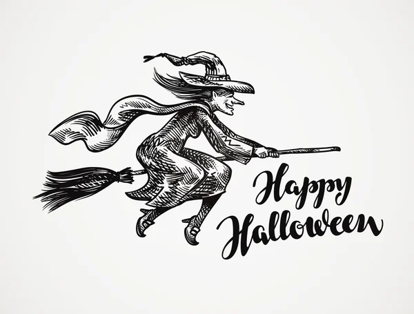 Halloween. Vieja bruja malvada volando en boceto de escoba. Ilustración vectorial — Vector de stock