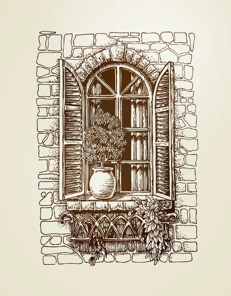 Window with wooden shutters. Vintage sketch. Vector illustration — ストックベクタ