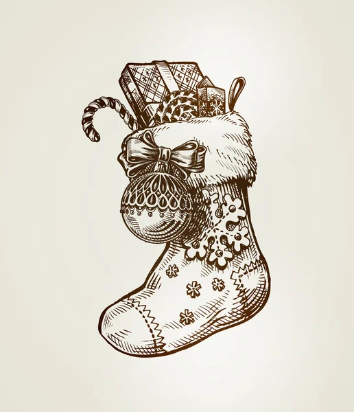 Christmas sock with gifts. Sketch vector illustration — Stock vektor