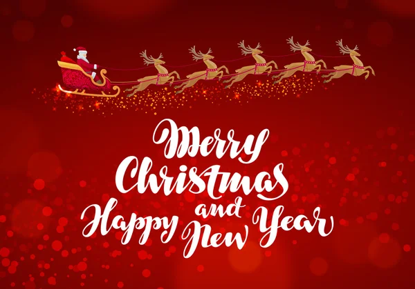 Feliz Navidad y Feliz Año Nuevo. Santa Claus monta en trineo tirado renos. Tarjeta de felicitación vectorial — Vector de stock