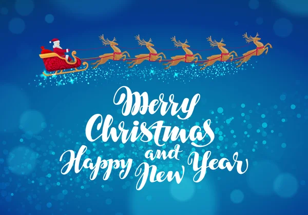 Banner de Navidad. Santa Claus monta en trineo en arnés sobre renos. Tarjeta de felicitación vectorial — Vector de stock