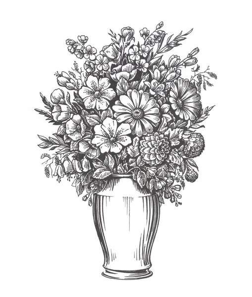 Vase vintage avec des fleurs. Illustration dessinée à la main — Photo