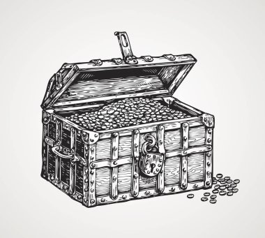 Opened wooden chest with treasures. Vintage sketch vector illustration clipart