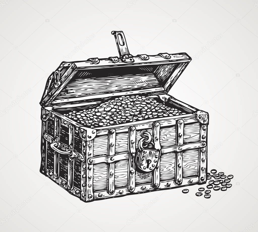 Opened wooden chest with treasures. Vintage sketch vector illustration