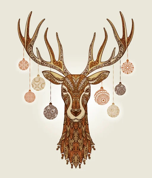 Cerf de Noël décoratif avec ornement et boules de décoration sur bois — Image vectorielle