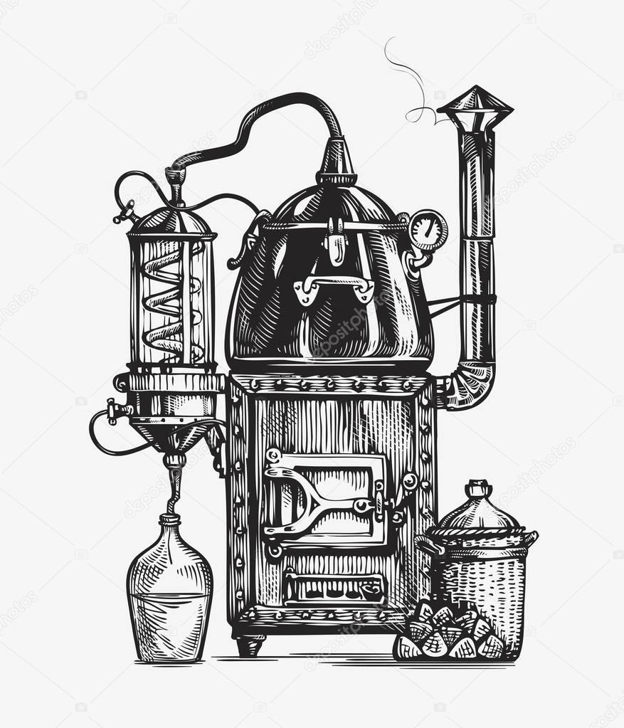 Distillation apparatus sketch. Hooch vector illustration