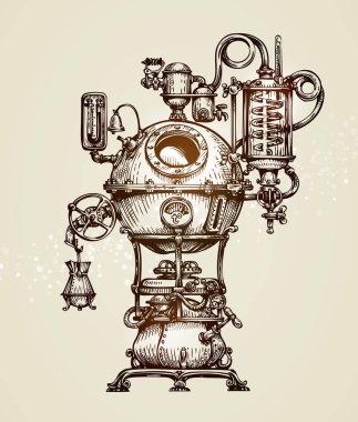 Vintage distillation apparatus sketch. Moonshining vector illustration clipart