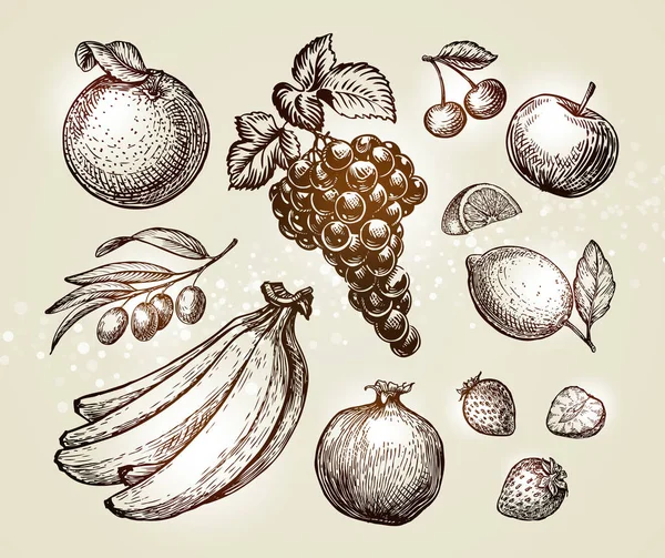 Set dibujo de alimentos. Dibujado a mano frutas como uva, cereza, manzana, naranja, aceitunas, plátanos, Granada, fresa, limón. Ilustración de vector — Vector de stock