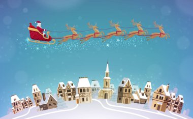 Noel, vektör çizim. Noel Baba tarafından Ren geyiği şehri çekti kızak rides
