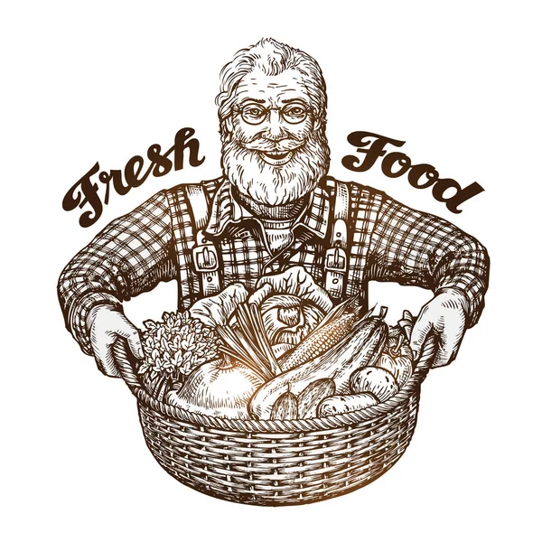 Agricultor com cesta de legumes frescos. Desenho ilustração vetorial —  Vetores de Stock