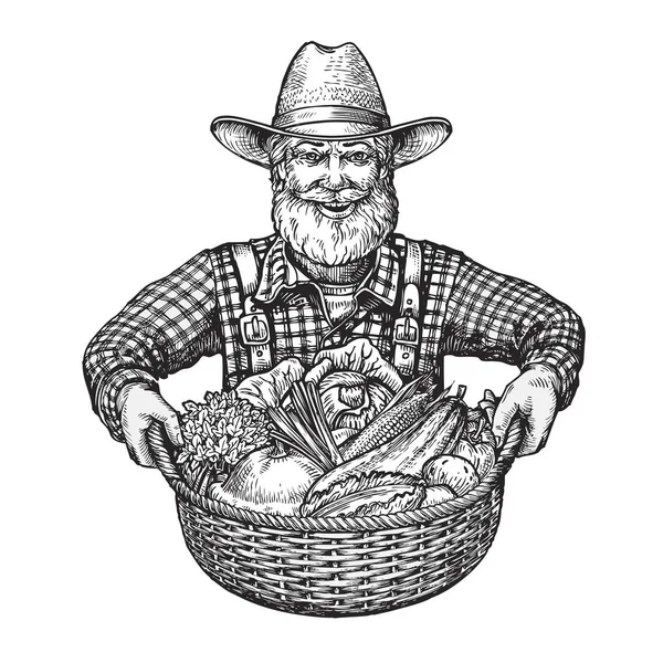 快乐的农民与一篮子蔬菜。手绘草图矢量图 — 图库矢量图片