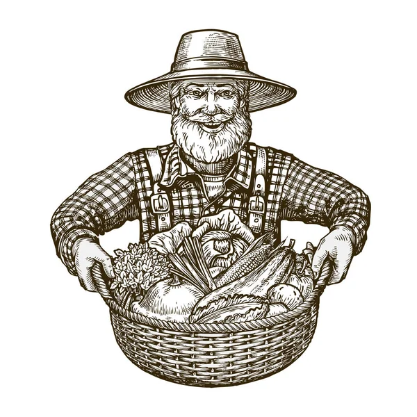 Verduras. Agricultor con cesta en las manos. Dibujo vector — Archivo Imágenes Vectoriales