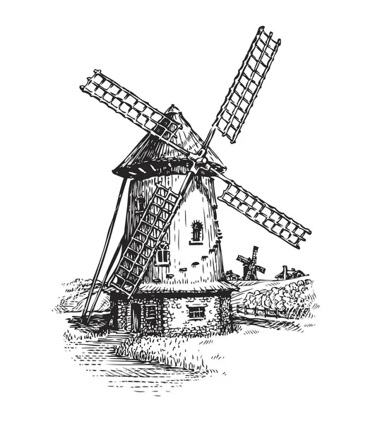 Molino de viento. Dibujado a mano ilustración vector boceto vintage — Archivo Imágenes Vectoriales