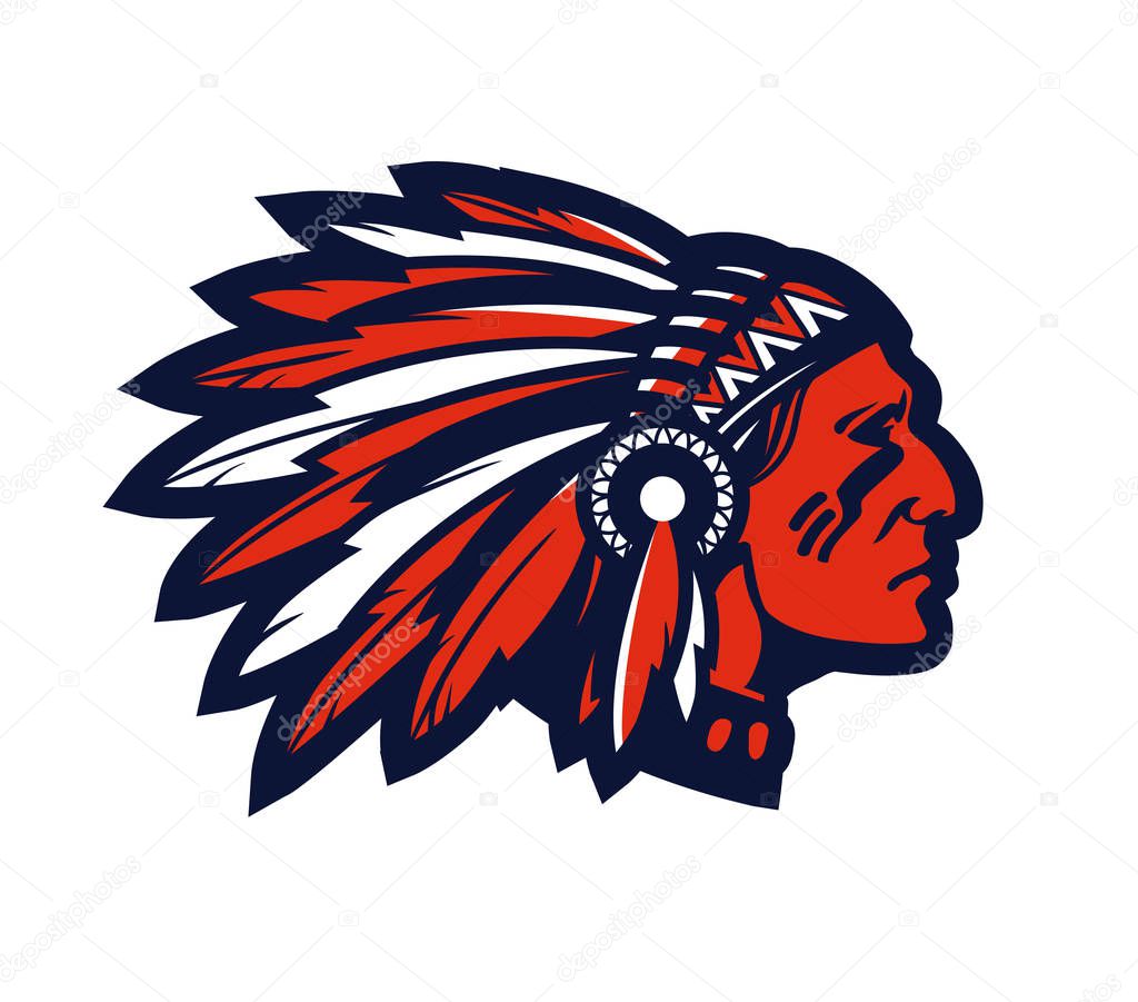 American native chief head mascot. Vector logo or icon isolated on white background