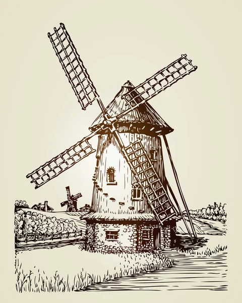 Moulin à vent, moulin ou boulangerie. Illustration vintage dessinée à la main — Image vectorielle