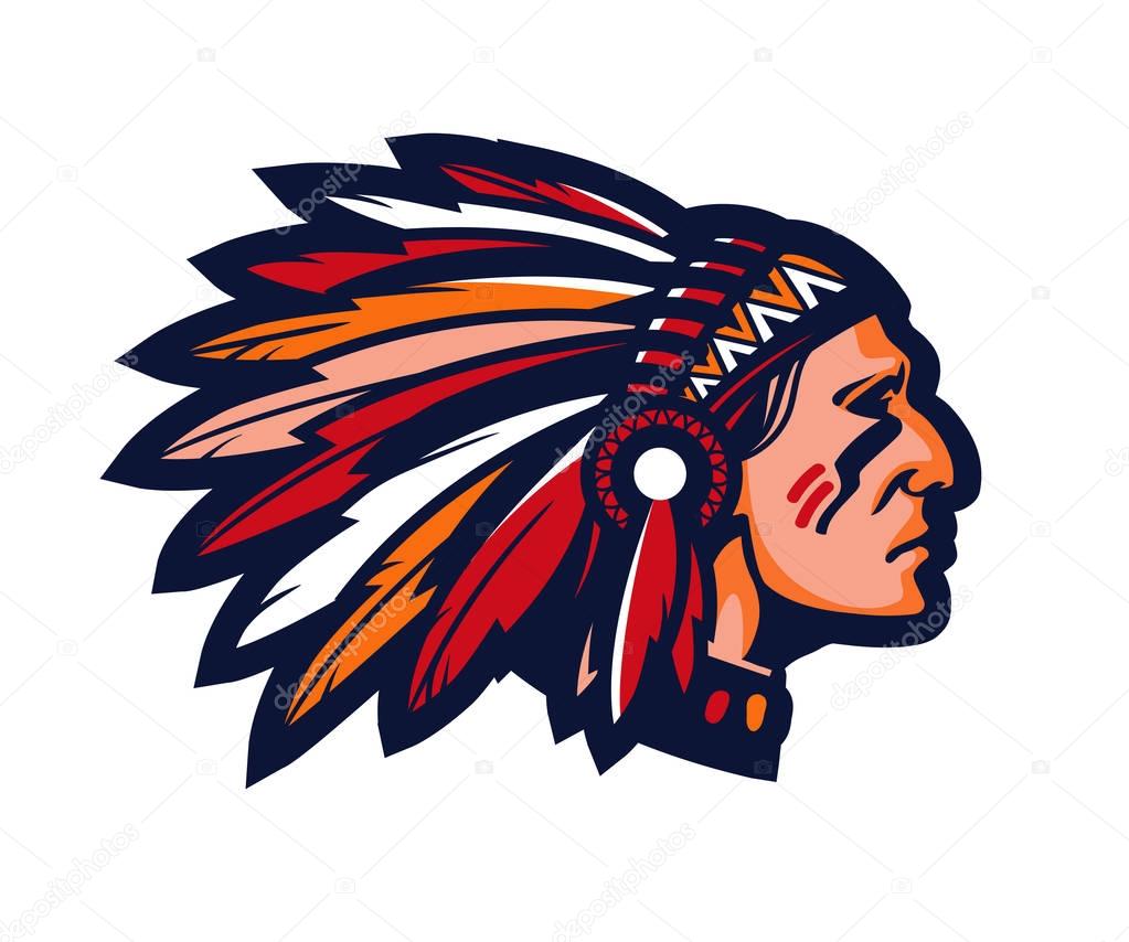 Indian chief. Logo or icon. Vector mascot isolated on white