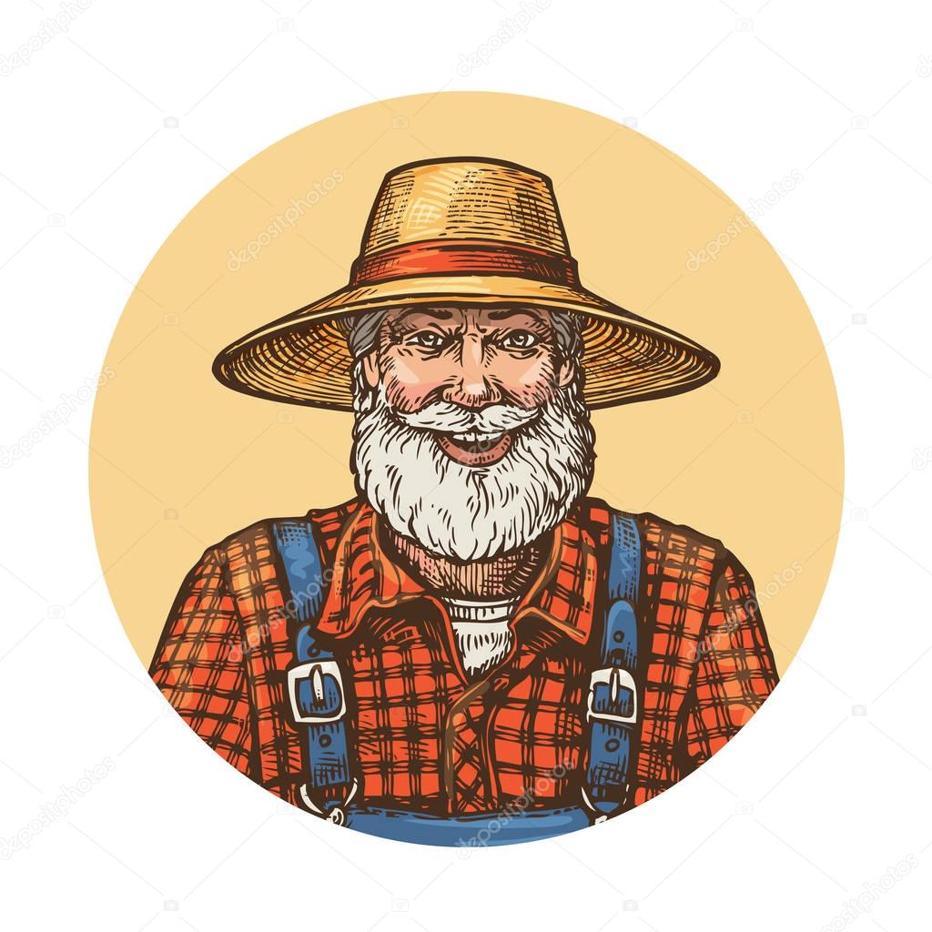 Smiling farmer in straw hat. Gardener or beekeeper vector illustration isolated on white background