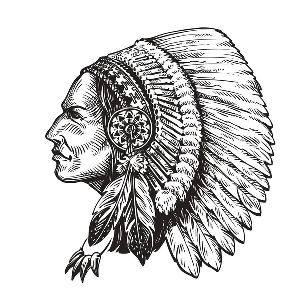 Wódz indian amerykańskich. Ilustracja wektorowa odręcznego szkicu — Wektor stockowy
