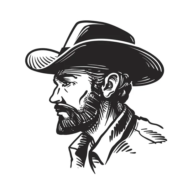 Portrait man in cowboy hat. Sketch vector illustration — Stock Vector