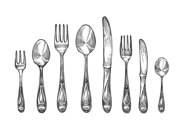 Cutlery set spoons, forks and knifes, top view. Sketch vector illustration — Stock Vector