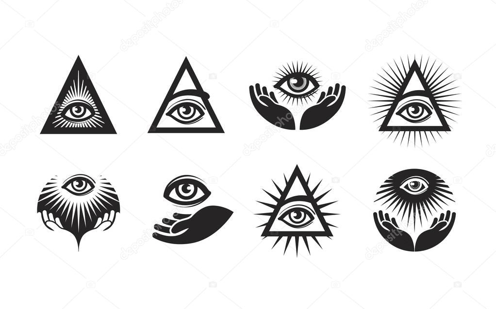All Seeing Eye icons set. Illuminati symbol isolated on white background