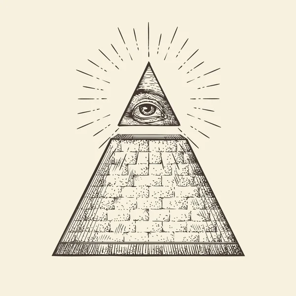Όλοι που βλέπουν σύμβολο πυραμίδα μάτι. Νέα παγκόσμια τάξη. Χέρι συρμένο σκίτσο διάνυσμα — Διανυσματικό Αρχείο