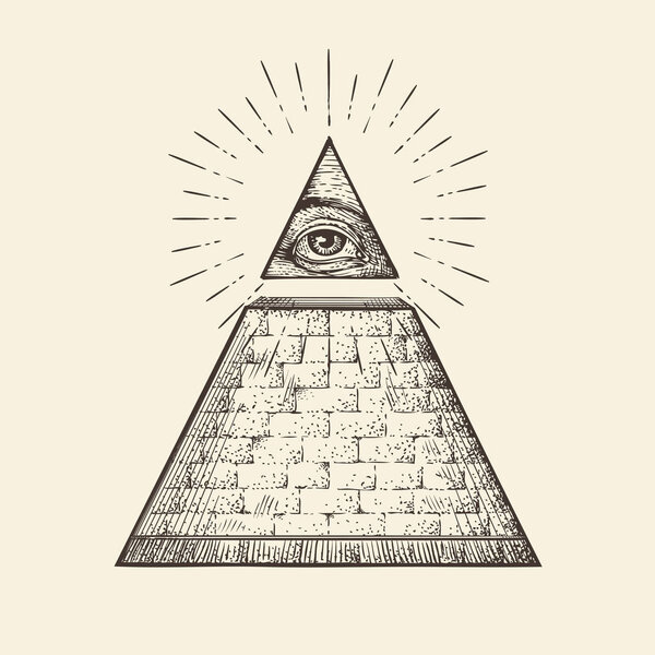 All seeing eye pyramid symbol. New World Order. Hand drawn sketch vector