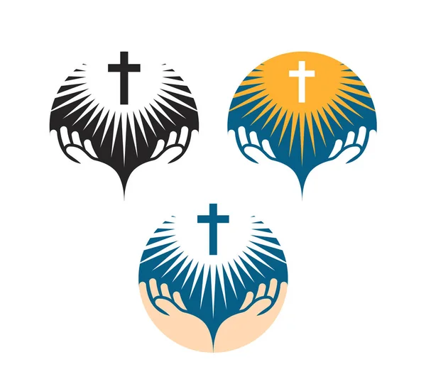 Krucifix-symbol. Korsfästelsen av Jesus Kristus ikoner. Kyrkan-logotypen — Stock vektor