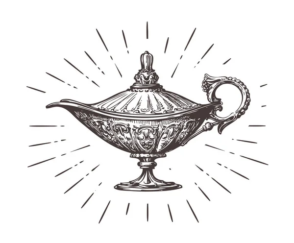 Aladdin magie of genie lamp. Vintage schets vectorillustratie — Stockvector
