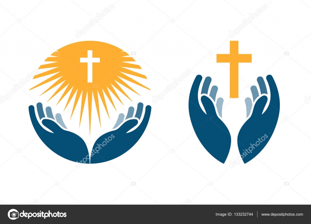 Hands holding Cross, icons or symbols. Religion, Church vector logo ...