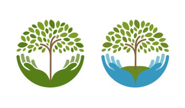 Ekoloji, doğal çevre vektör logosu. Ağaç, Bahçe veya simgeler tarım