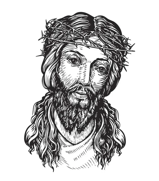 Jesus Cristo com uma grinalda espinhosa na cabeça. Desenho ilustração vetorial —  Vetores de Stock