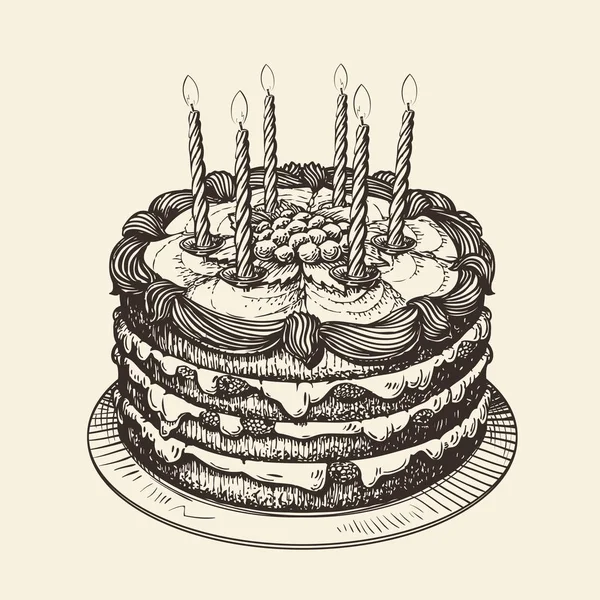 Joyeux anniversaire. Gâteau aux bougies allumées. Illustration vectorielle de croquis — Image vectorielle