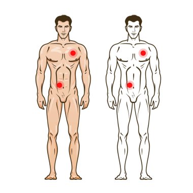 Adam siluet ağrı noktaları ile. Tıp Infographic. Vektör çizim