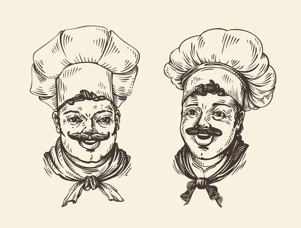 Retrato del chef feliz. Elemento para menú de diseño restaurante o cafetería. Dibujo dibujado a mano ilustración vector — Archivo Imágenes Vectoriales