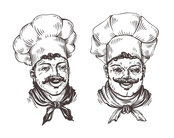 Chef dibujado cocina sobre fondo blanco en estilo de grabados. Ilustración vectorial — Archivo Imágenes Vectoriales