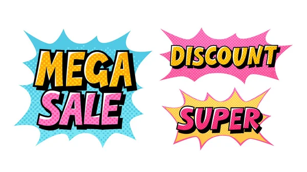 Mega Sale, Discount, Super. Comic text pop art vector style — Stock Vector