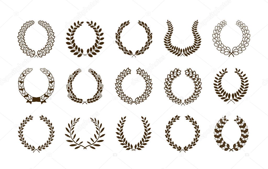 Laurel wreath set symbols or icons. Vector heraldic element collection and coat of arms