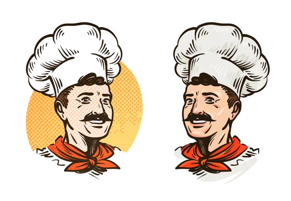 Feliz chef bigotudo con sombrero. Ilustración vectorial — Archivo Imágenes Vectoriales