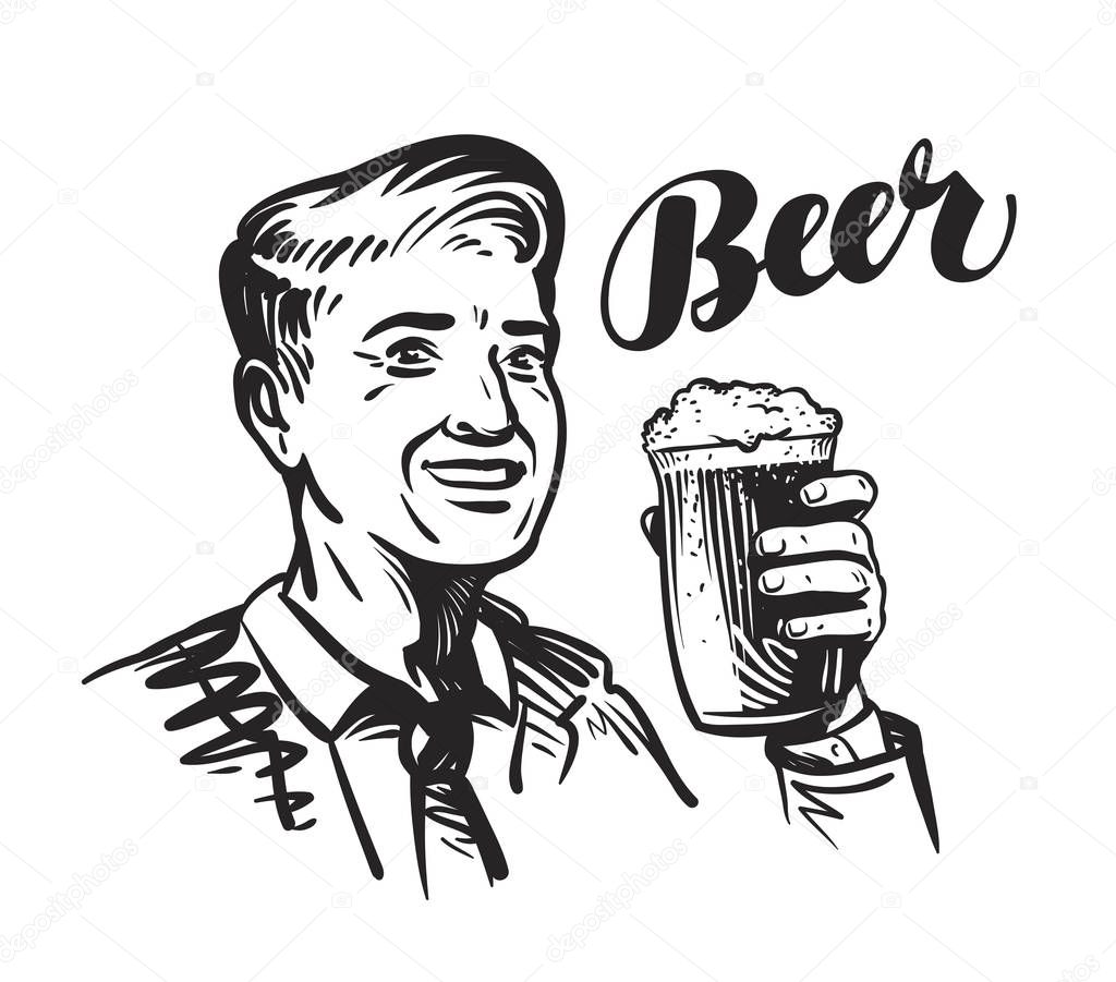 Beer bar or Pub. Happy smiling man with mug of fresh ale. Vector illustration