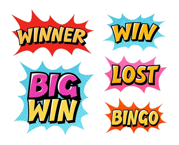 Casino of spel iconen. Belettering zoals win, winnaar, verloren, bingo. Komische tekst vectorillustratie — Stockvector