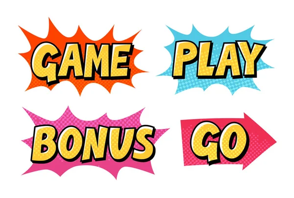 Comic-Text-Vektor-Symbole. Schriftzüge wie game, play, go, bonus — Stockvektor