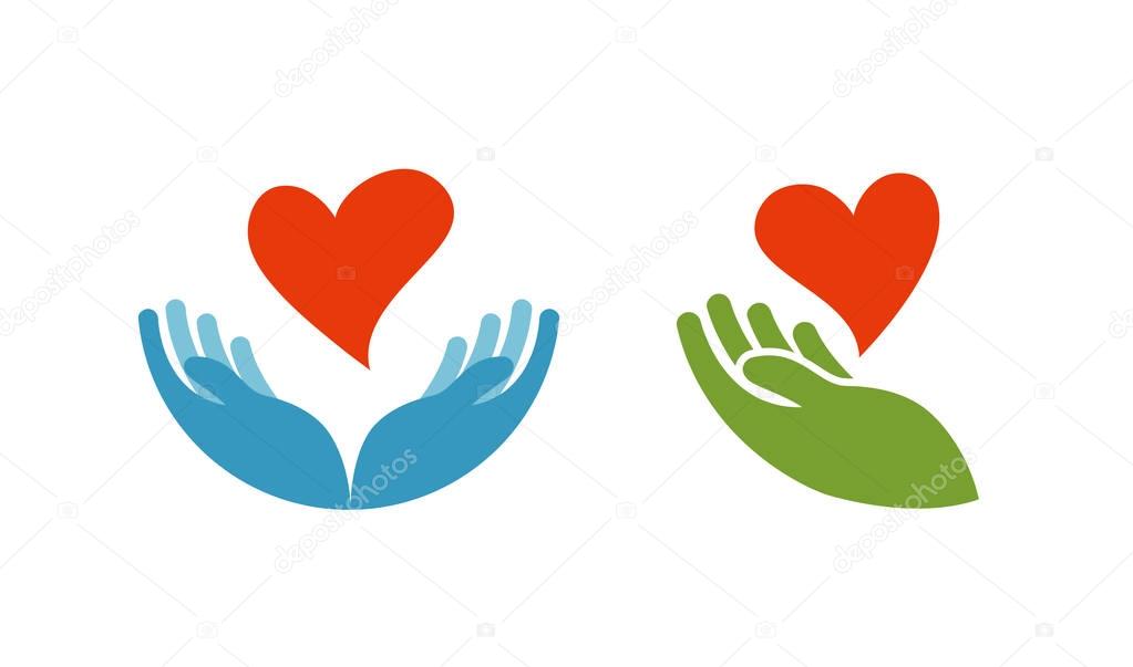 Heart in hand symbol or icon. Logo template for charity, health. Vector illustration isolated on white background