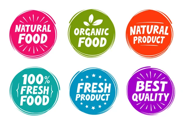 Vettore impostare etichette colorate per il cibo, la nutrizione. Icone di raccolta — Vettoriale Stock