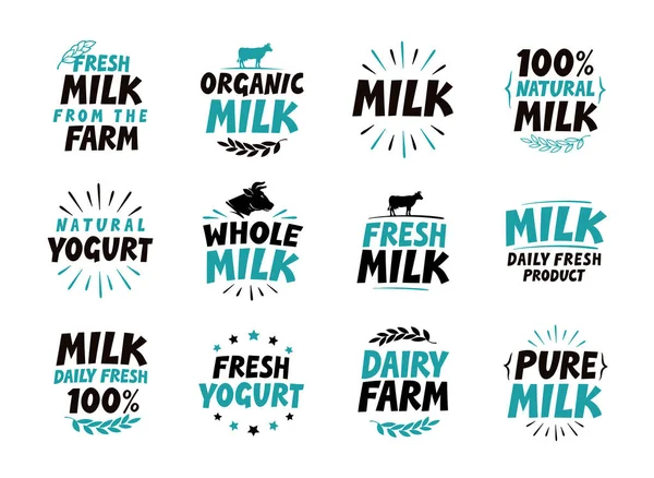 Ícones de conjunto de leite. Comida, símbolo da bebida. Ilustração vetorial de texto — Vetor de Stock